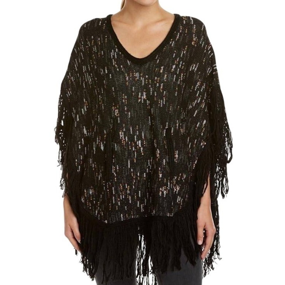 Ella Moss Black Speckled Funfetti Pattern Fringe Trim Knit Poncho Size XS/S‎